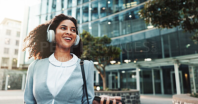 Buy stock photo Commute, music and thinking with businesswoman in city for idea, inspiration or travel. Building, headphones and vision with happy corporate professional outdoor in urban town for start of new job