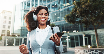 Buy stock photo Phone, music and business woman in city with morning media, singing or streaming radio online for travel. Headphones, outdoor and happy employee on mobile for song, urban podcast and sound on commute