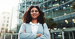 Smile, portrait and woman with arms crossed, city and commuting to work in morning, social worker and road. Outdoor, human services professional and happy person on urban street, travel and employee