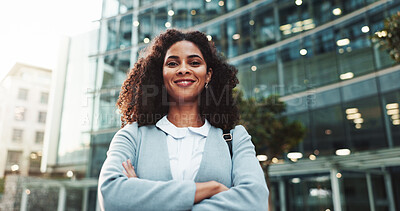 Buy stock photo Smile, portrait and woman with arms crossed, city and commuting to work in morning, social worker and road. Outdoor, human services professional and happy person on urban street, travel and employee