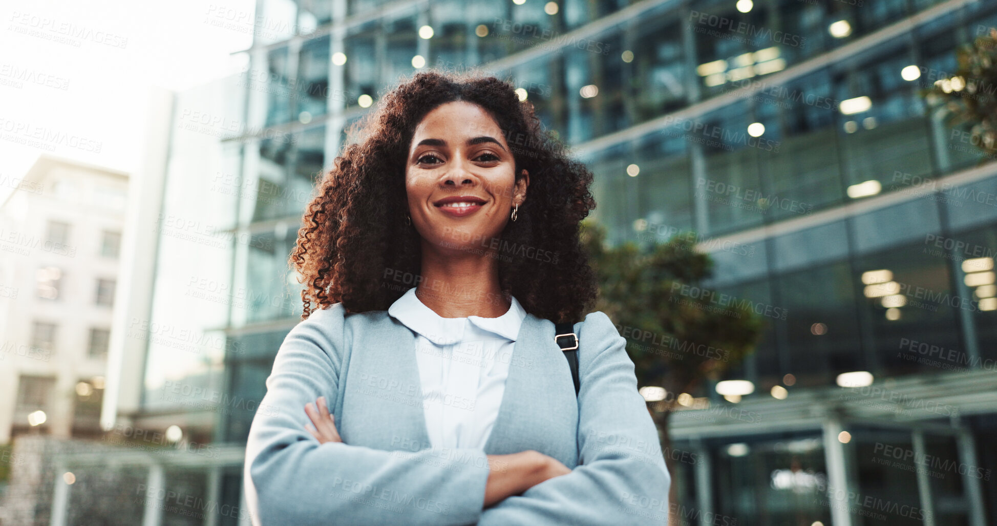 Buy stock photo Smile, portrait and woman with arms crossed, city and commuting to work in morning, social worker and road. Outdoor, human services professional and happy person on urban street, travel and employee