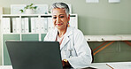 Laptop, woman and doctor in workplace, healthcare or research for diagnosis, internet or treatment. Mature person, medical or professional with pc, online reading or email for test results and cure