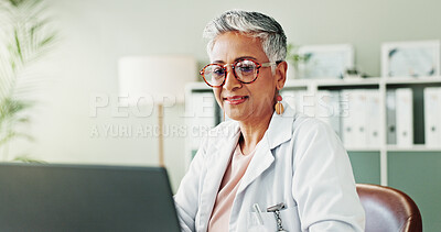 Buy stock photo Laptop, woman or doctor with healthcare, online reading or research for diagnosis, smile or treatment. Mature person, medical or professional in office, pc or email for test results, internet or cure