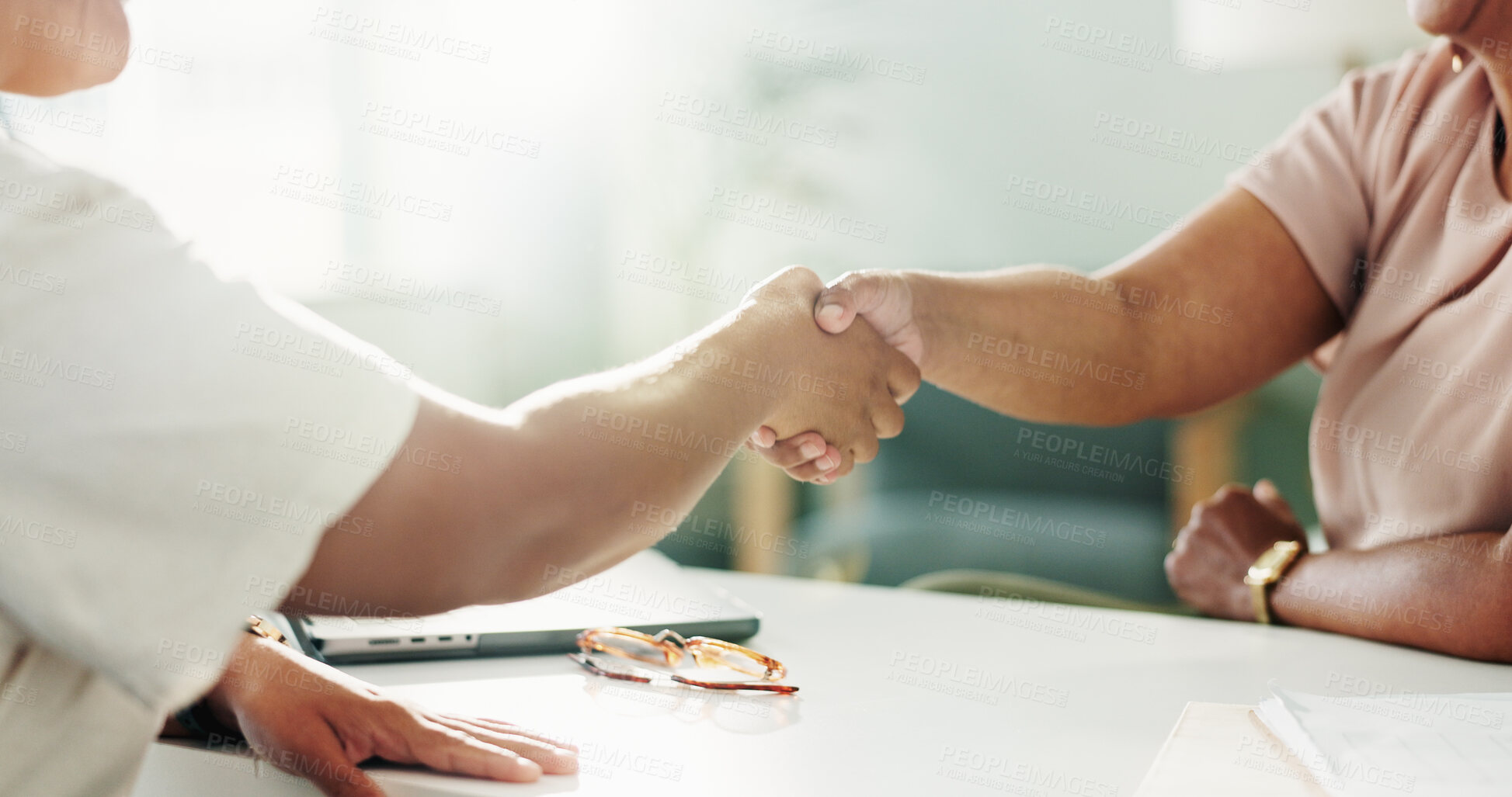 Buy stock photo Business, people and meeting with handshake in office for introduction, interview and recruitment deal. Staff, shaking hands and welcome with agreement, partnership and congratulations for job offer 
