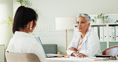 Buy stock photo Checkup, conversation or healthcare with doctor and patient in office of hospital for consulting. Appointment, feedback or medical with mature medicine professional and woman in clinic for treatment