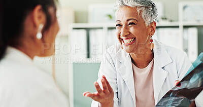 Buy stock photo Healthcare, smile or x ray with doctor and patient in office of hospital for consulting. Feedback, medical or radiology with happy woman and mature medicine professional n clinic for treatment