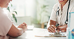 Hands, people and documents for application, clipboard and discussion in office with writing and insurance report. Information, medical paperwork and doctor with patient for surgery consent form
