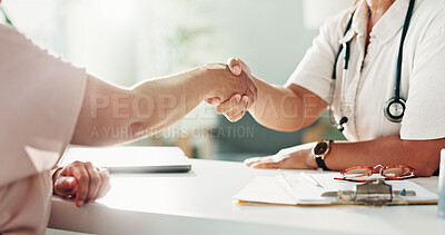 Buy stock photo People, doctor and meeting with handshake in office for consultation, welcome and healthcare services. Specialist, shaking hands and patient for good news, medical prescription and treatment progress