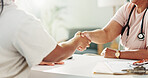 Doctor, women and meeting with handshake in office of consultation, welcome and healthcare services. People, shaking hands and patient greeting for good news, medical diagnosis and treatment progress