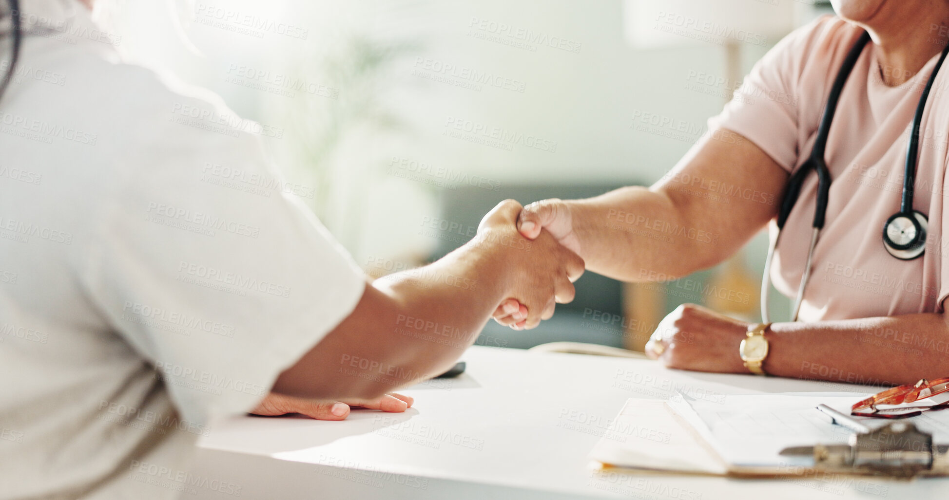 Buy stock photo Doctor, women and meeting with handshake in office of consultation, welcome and healthcare services. People, shaking hands and patient greeting for good news, medical diagnosis and treatment progress