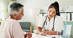 Clipboard, healthcare or insurance with doctor and patient in office of hospital for consulting. Documents, feedback or medical with medicine professional and mature woman in clinic for diagnosis