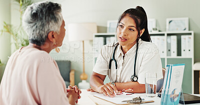 Buy stock photo Appointment, consulting or healthcare with doctor and patient in office of hospital for checkup. Feedback, medical or update with medicine professional and mature woman in clinic for treatment