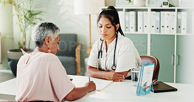 Buy stock photo Appointment, healthcare or signature with doctor and patient in office of hospital for consulting. Documents, insurance or medical with medicine professional and mature woman in clinic for treatment