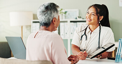 Buy stock photo Appointment, medical or tablet with doctor and patient in office of hospital for consulting. Feedback, healthcare or information with medicine professional and mature woman in clinic for treatment
