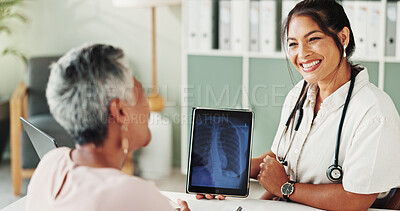 Buy stock photo Healthcare, tablet screen or x ray with doctor and patient in office of hospital for consulting. Conversation, radiology or results with medicine professional and mature woman in clinic for treatment