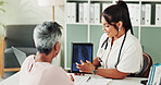 Medical, tablet screen or x ray with doctor and patient in office of hospital for consulting. Healthcare, radiology or results with medicine professional and mature woman in clinic for treatment