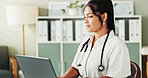 Laptop, woman or doctor in office, online reading or research for diagnosis, cure or treatment. Person, medical or professional with pc, healthcare or email for test results, internet or website info