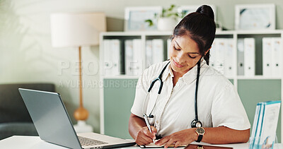Buy stock photo Healthcare, woman and doctor with laptop for notes, medical diagnosis and information for research. Office, clinic and female cardiologist with book for writing reminder, prescription and treatment