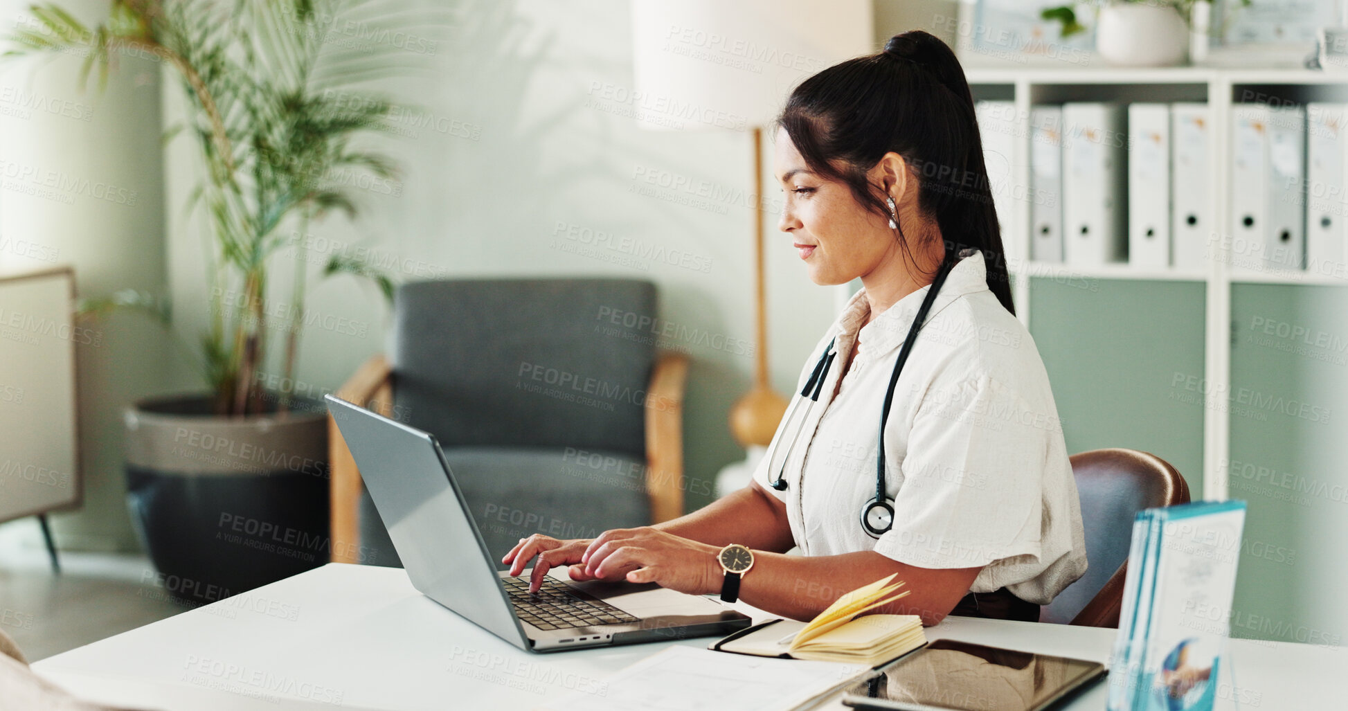 Buy stock photo Laptop, woman or doctor with internet, healthcare or research for diagnosis, email or treatment. Person, medical or professional in office, computer or website info for test results, cure or wellness