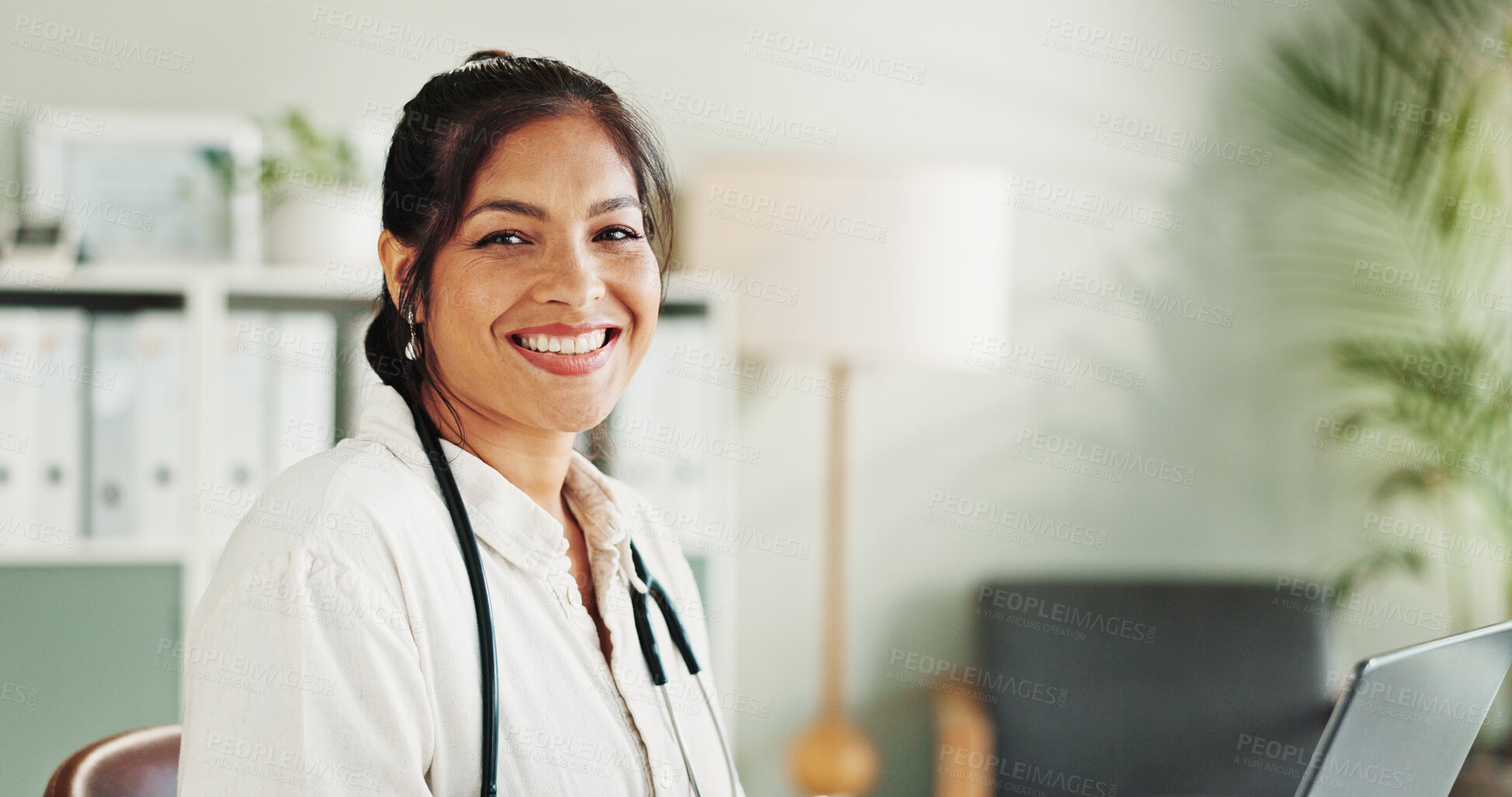 Buy stock photo Healthcare, doctor or happy woman with portrait, confidence or laptop for report in clinic. Smile, office and proud person in hospital for career, pharmaceutical medicine or medical service in Cuba