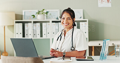 Buy stock photo Healthcare, woman and doctor with laptop in portrait, medical diagnosis and information for research. Office, clinic and female cardiologist with digital for telehealth service, prescription or smile