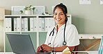 Healthcare, doctor or happy woman with portrait, laptop or confidence for wellness in clinic. Smile, office and proud person in hospital for career, pharmaceutical medicine or medical service in Cuba