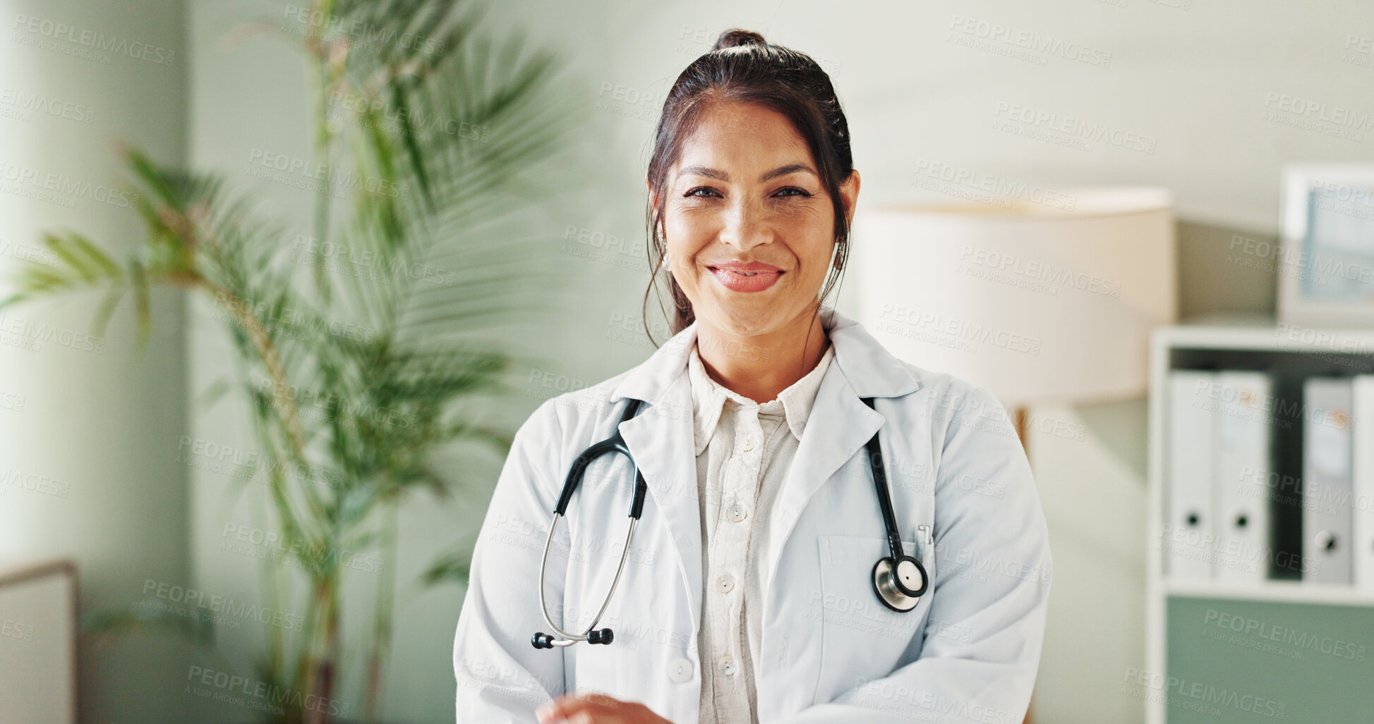 Buy stock photo Portrait, doctor or woman with confidence, healthcare or smile for wellness in clinic. Happy, professional help and person in hospital for career, pharmaceutical medicine or medical service in Mexico