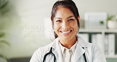 Buy stock photo Happy, doctor or woman with portrait, healthcare or confidence for wellness in clinic. Proud, professional help and person in hospital for career, pharmaceutical medicine or medical service in Mexico