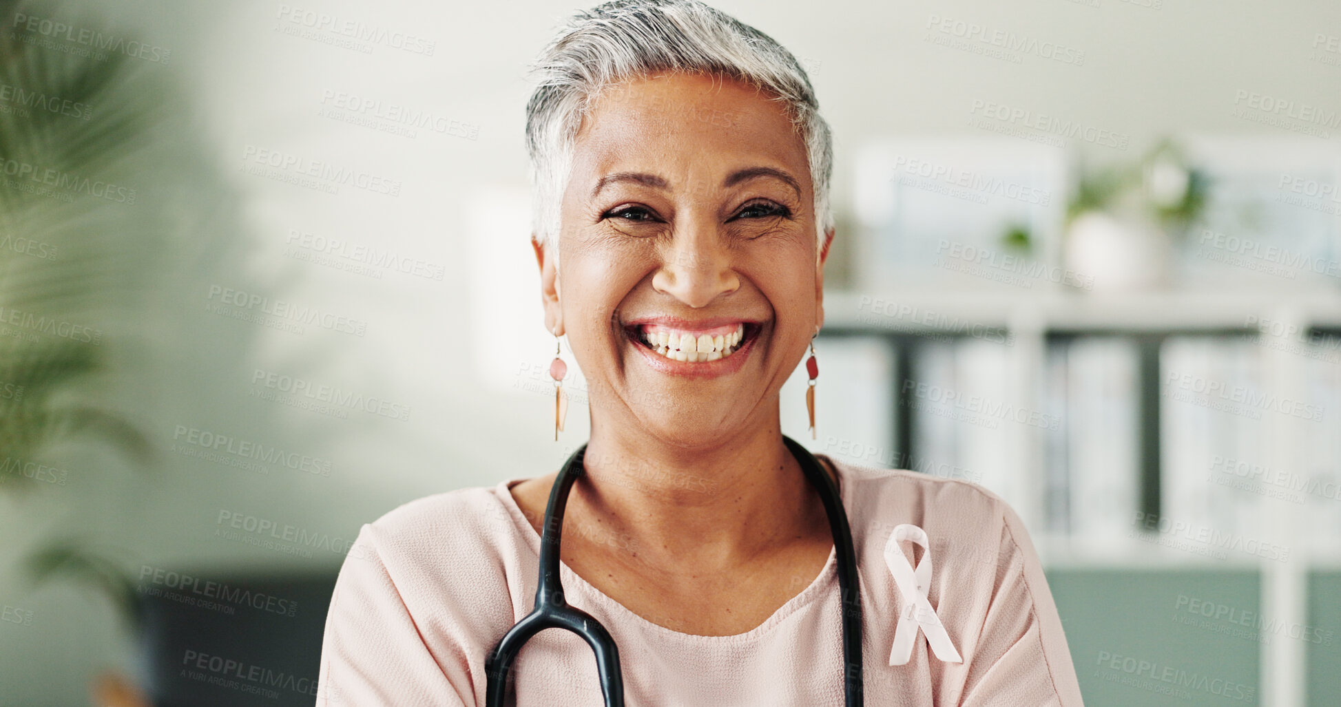 Buy stock photo Aids, doctor or woman with portrait, ribbon or confidence in clinic for virus as therapy counsellor. Happy, badge or therapist in hospital for HIV, pharmaceutical medicine or medical service in Cuba