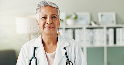 Buy stock photo Mature, doctor or woman with portrait, confidence or healthcare for wellness in clinic. Trust, professional help or person in hospital for career, pharmaceutical medicine or medical service in Mexico