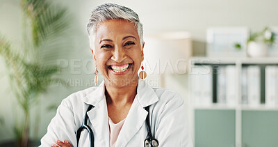 Buy stock photo Portrait, doctor and mature woman with arms crossed, smile and confident for healthcare in clinic or life insurance. Hospital, medical professional and happy person with pride for career or internist