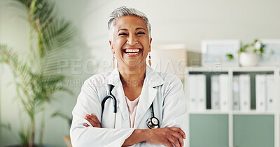 Buy stock photo Portrait, doctor and woman with arms crossed, happy or confident for healthcare in clinic or life insurance. Hospital, medical professional and mature person with smile for career, internist or proud