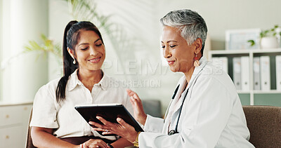 Buy stock photo Smile, women and doctor on tablet in office for good news, research and online results of diagnosis. People, digital and consultation of healthcare, insurance checklist and treatment plan and medical