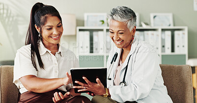 Buy stock photo Happy, woman and senior doctor on tablet in office for good news, research and online results of diagnosis. People, digital and smile of healthcare, insurance checklist and treatment plan and medical