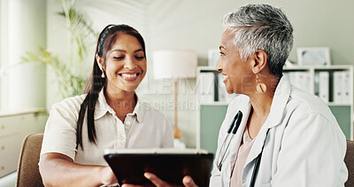 Buy stock photo Happy, women and doctor on tablet in office for good news, research and online results of diagnosis. People, digital and consultation of healthcare, insurance checklist and treatment plan and medical