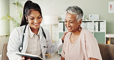 Buy stock photo Smile, doctor and senior patient on tablet in office for good news, research and online results of diagnosis. People, digital and healthcare report, insurance checklist and treatment plan and medical