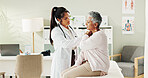 Woman, doctor and mature patient for shoulder pain, support or consulting with checkup appointment in office. Female person, medical professional and healthcare talk for senior customer at clinic