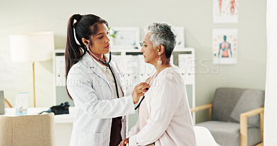 Buy stock photo Doctor, stethoscope and senior woman in office for cardiology, listen to heartbeat and healthcare exam. People, evaluation and check breathing, cardiovascular sound and diagnosis for medical services