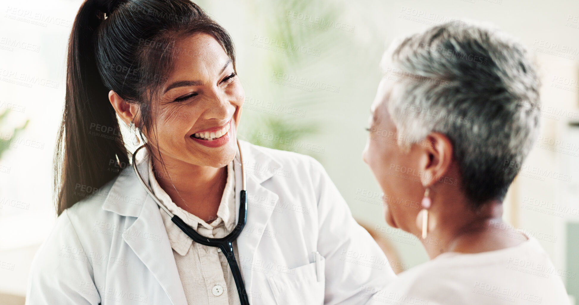 Buy stock photo Mature woman, doctor and healthcare for consulting, support or conversation with checkup appointment in office. Female person, medical professional and communication for senior patient at clinic