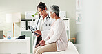 Doctor, checkup and elderly patient on tablet in office of research, online results and diagnosis advice. People, digital and healthcare report, insurance checklist and treatment schedule and medical