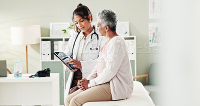 Buy stock photo Doctor, checkup and elderly patient on tablet in office of research, online results and diagnosis advice. People, digital and healthcare report, insurance checklist and treatment schedule and medical