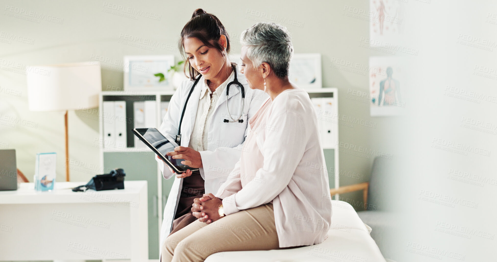 Buy stock photo Doctor, checkup and elderly patient on tablet in office of research, online results and diagnosis advice. People, digital and healthcare report, insurance checklist and treatment schedule and medical