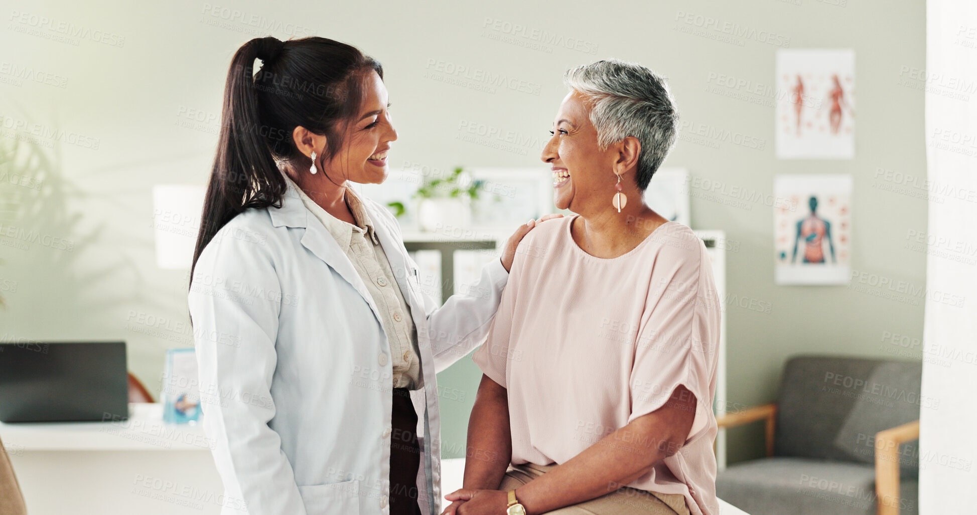 Buy stock photo Clinic, doctor and check up with mature woman, discussion and healthcare, service and consultation. Hospital, caregiver and person with patient in office, test and support of medical professional