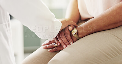 Buy stock photo Closeup, patient and doctor with holding hands for support, kindness and empathy for cancer disease. People, client and medical employee with sorry for diagnosis, courage and illness in healthcare