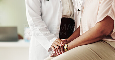 Buy stock photo Healthcare, patient and doctor with holding hands for support, kindness and empathy for cancer disease. People, client and medical employee with sorry for diagnosis, courage and illness in closeup