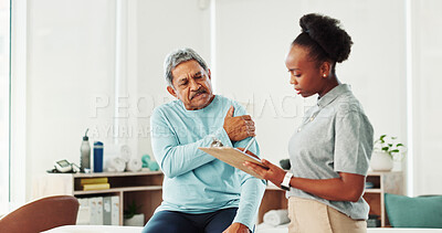 Buy stock photo Physiotherapist, woman and elderly man with shoulder pain, checklist and questions at clinic. People, discussion and clipboard for injury with exercise, advice and assessment for wellness at hospital