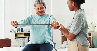 Buy stock photo Resistance band, physical therapy and senior patient in clinic for consultation with muscle recovery. Injury, healthcare and woman physiotherapist helping mature man with stretch arm exercise