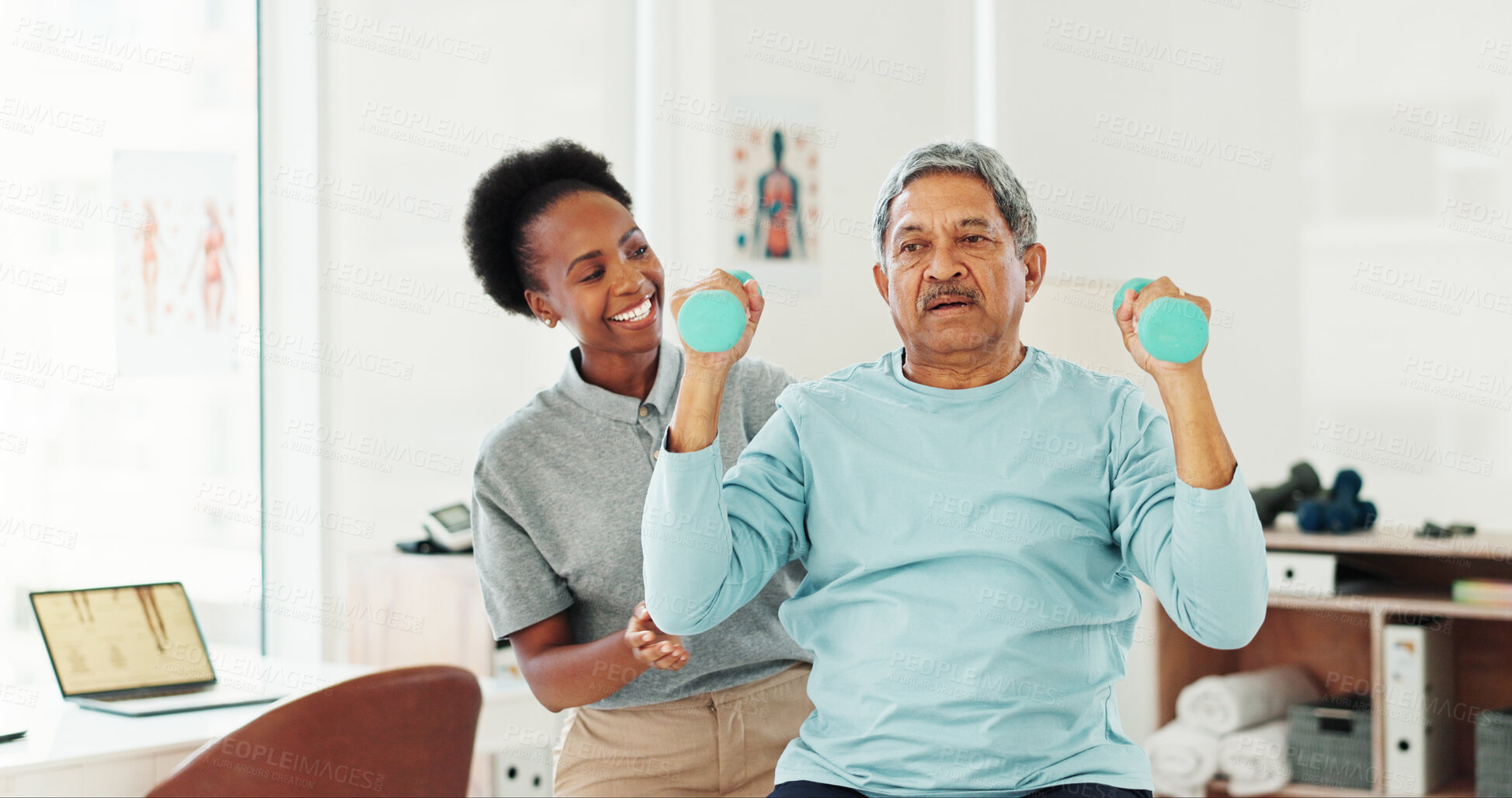 Buy stock photo Dumbbells, physical therapy and mature man in office for consultation with muscle recovery. Clinic, healthcare and woman physiotherapist for helping senior person with arm exercise or rehabilitation