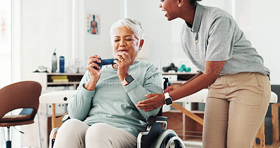 Buy stock photo Wheelchair, senior woman and dumbbell for physical therapy, help and medical health. Clinic, weights and physiotherapy for happy person with disability in rehabilitation, exercise muscle or fitness