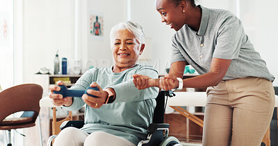 Buy stock photo Wheelchair, woman and dumbbell for physical therapy, help and medical health. Clinic, weights and physiotherapy for happy senior person with disability in rehabilitation, exercise muscle or fitness